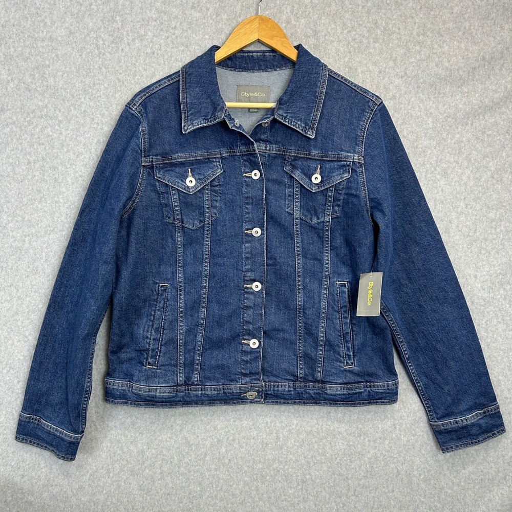 Style & Co Size XL Denim Jean Jacket Blue Button Front Stretch Everyday Fall NWT
